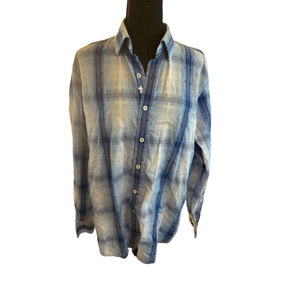 Bugatchi Uomo Men's Blue Linen Plaid Short Sleeve Classic Fit Button Up L Shirt - Picture 13 of 15